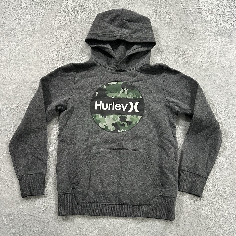 Hurley Sweatshirt Hoodie Youth Kids M (10/12) Gray Camo Logo Pockets Pullover